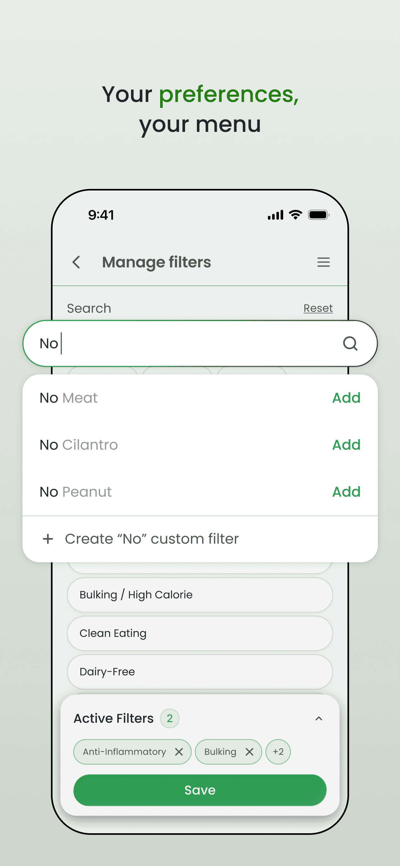 Omealo filter screen for choosing preferences