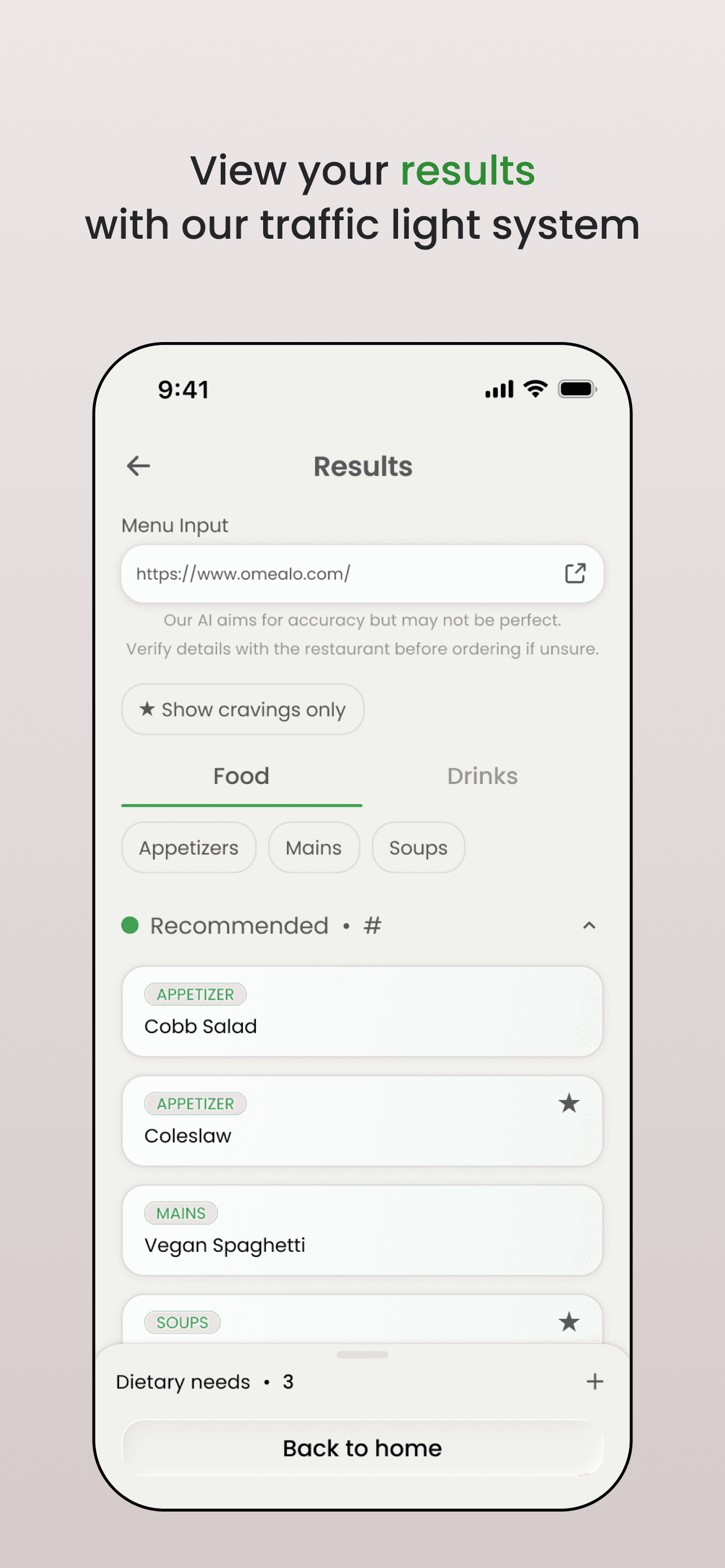 Omealo results screen with recommended dishes